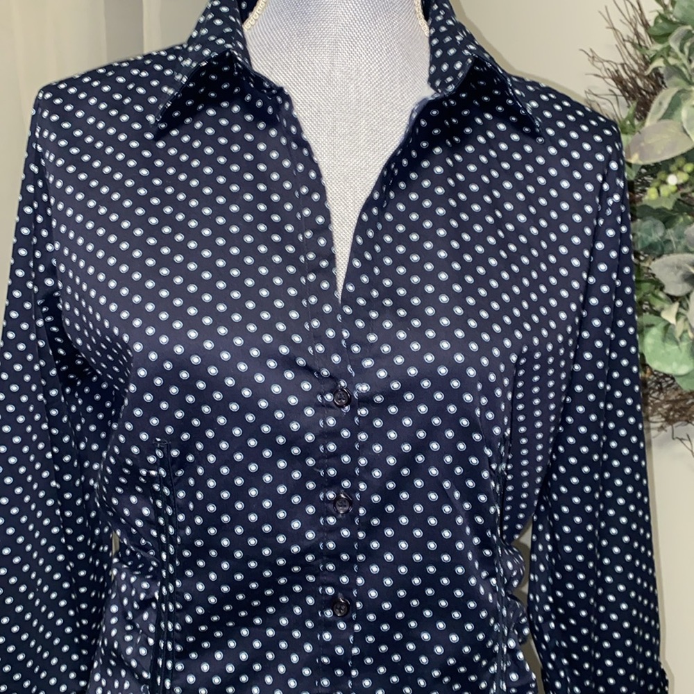 Navy blue white  button up button down ruched side fitted women’s blouse top med - Picture 3 of 11